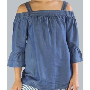 Chambray Cold Shoulder Flutter Sleeve Shirt